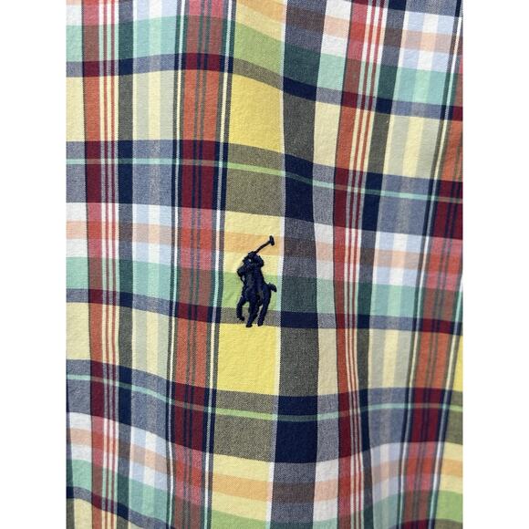 Ralph Lauren Shirt Mens Large Yellow Plaid Custom Fit Cotton Blue Pony Preppy - Picture 6 of 7